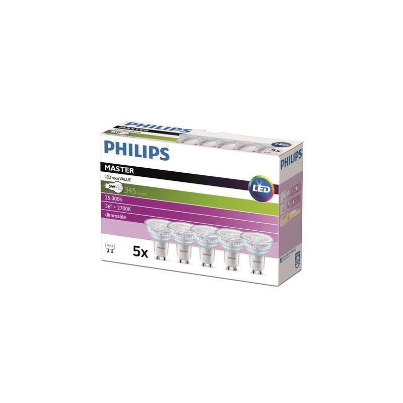 5-PAK Master GU10 LED Pære, 2700K, 3,7W 355Lm, Ra90, Dæmpbar