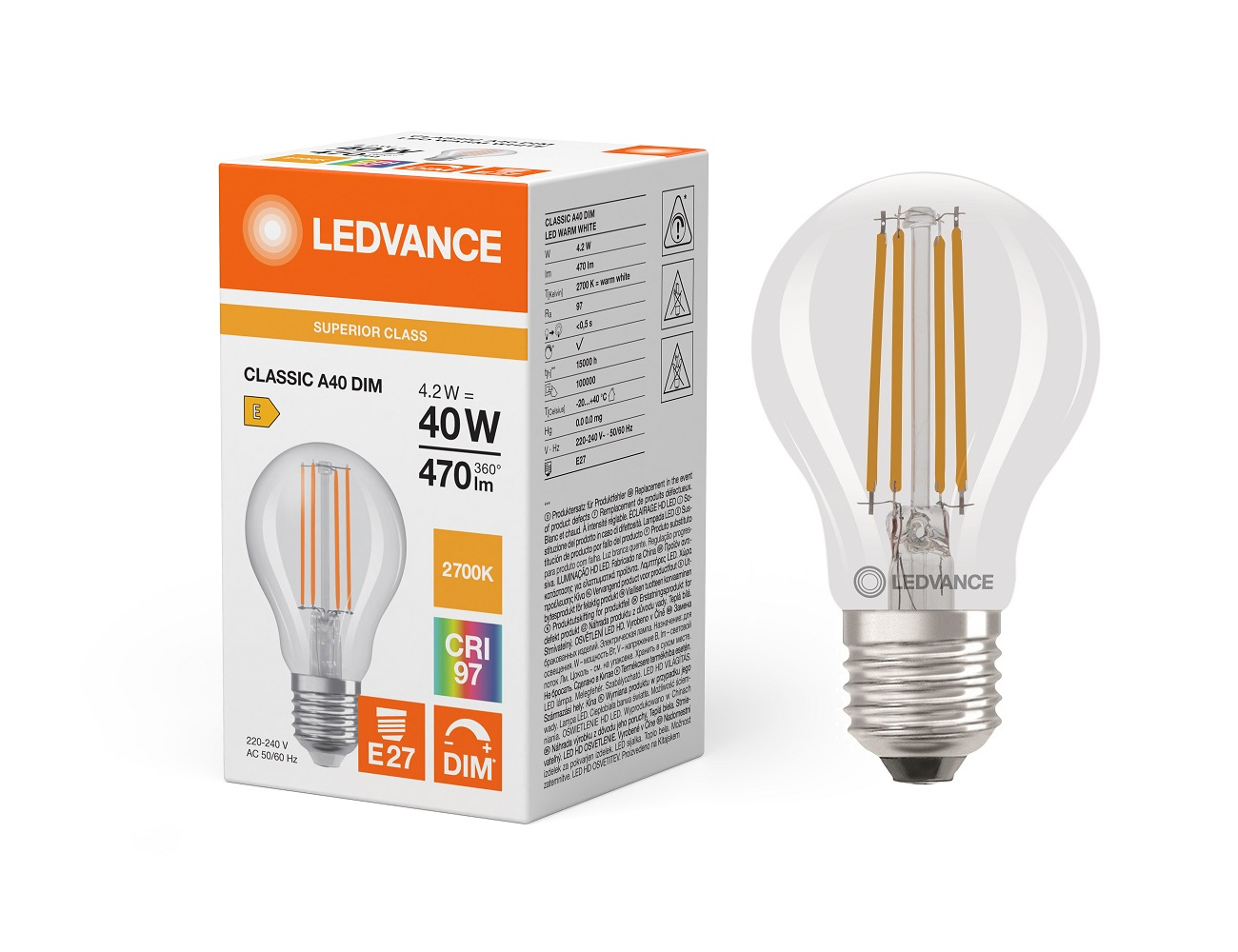 Ledvance klar E27 LED-pære, dæmpbar, 4,2W, Ra97, 2700K