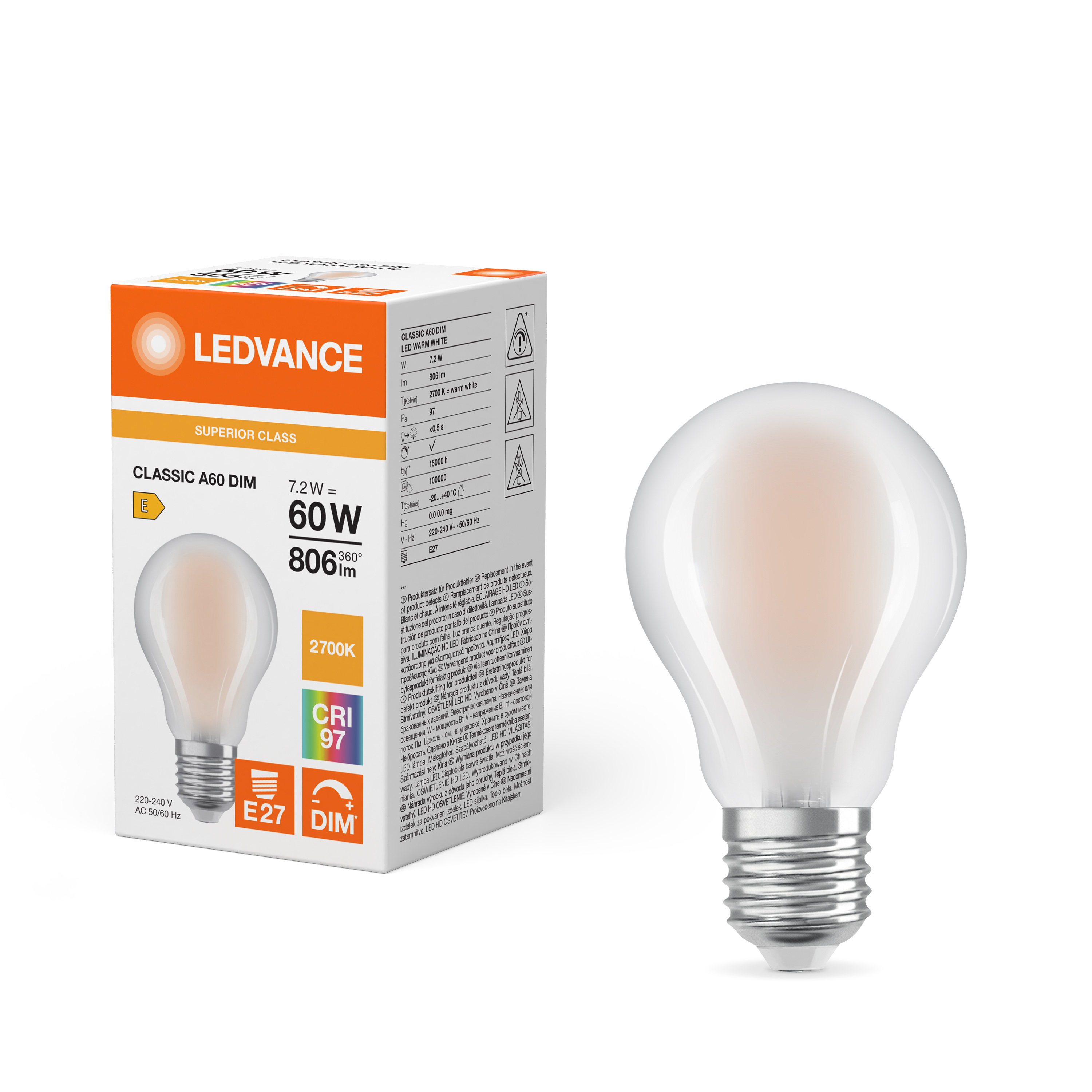 LEDVANCE dæmpbar E27 LED-pære 7,2W med Ra97 i 2700K