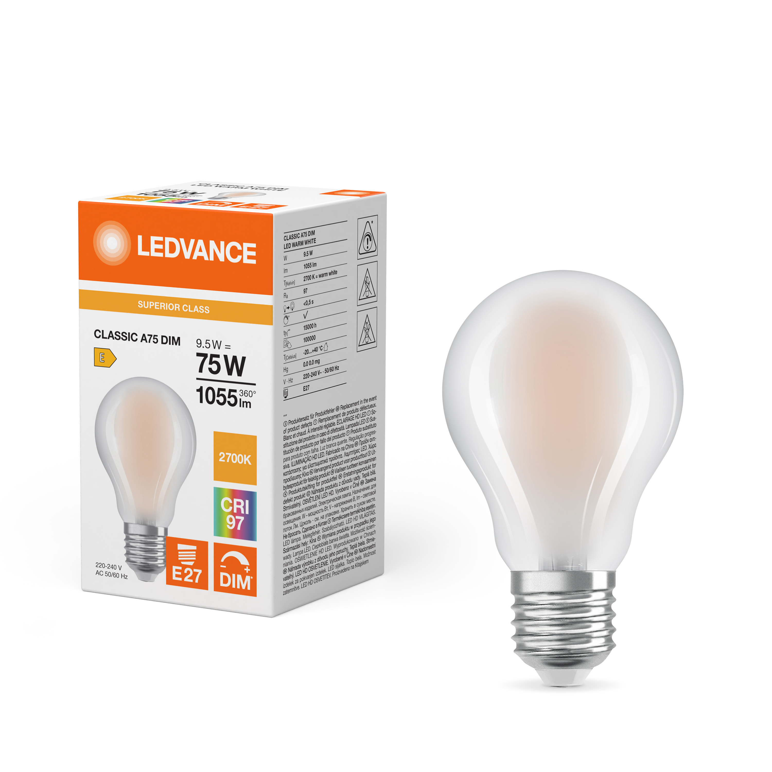 LEDVANCE Dæmpbar Mat E27 LED Pære 9,5W, Ra97, 2700K