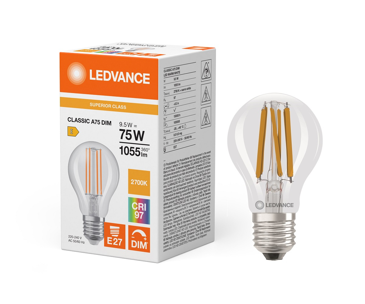 LEDVANCE E27 dæmpbar klar LED-pære 9,5W Ra97 2700K