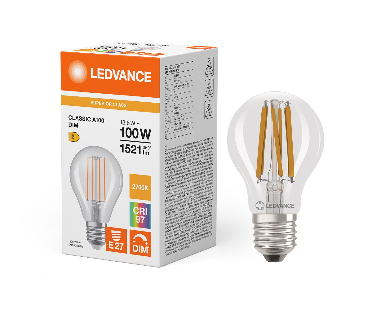 LEDVANCE E27 dæmpbar klar LED pære 13,8W, Ra97 - 2700K