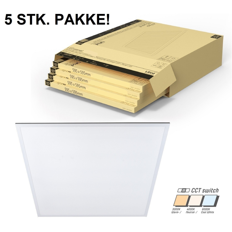 5 x High-Lumen CCT UGR19 LED Panel 60x60, 30W, 3900Lm - Hvid