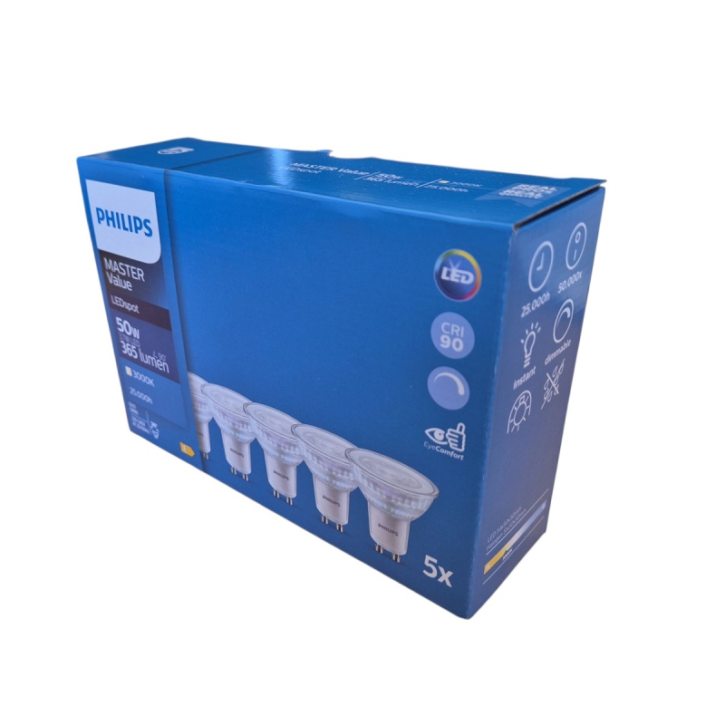 Philips Master Dæmpbar GU10 LED Pære, 3000K, 3,7W 365Lm, Ra90 - 5-PAK