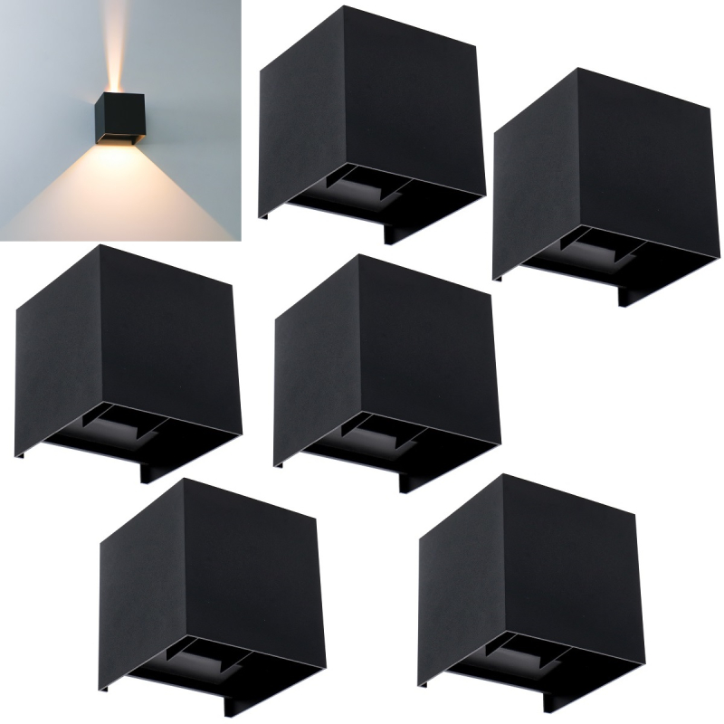6 x CUBE LED Udendørs Væglampe 6W Up/Down i 3000K, IP65 - Sort