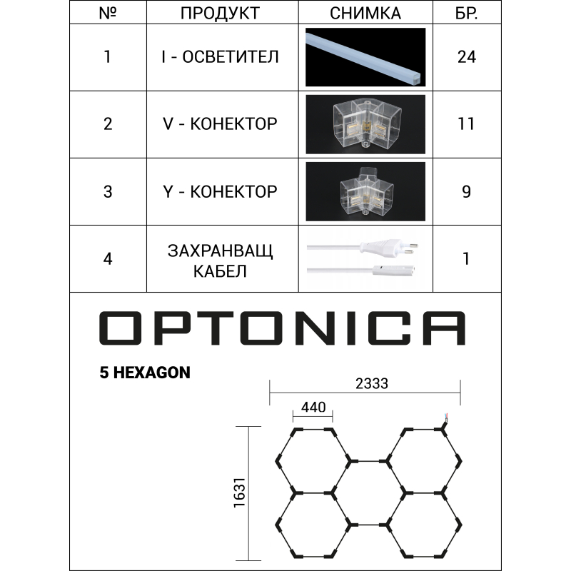 Hexagon LED Lysskinne Loftgitter (Komplet Med 5 Felter)