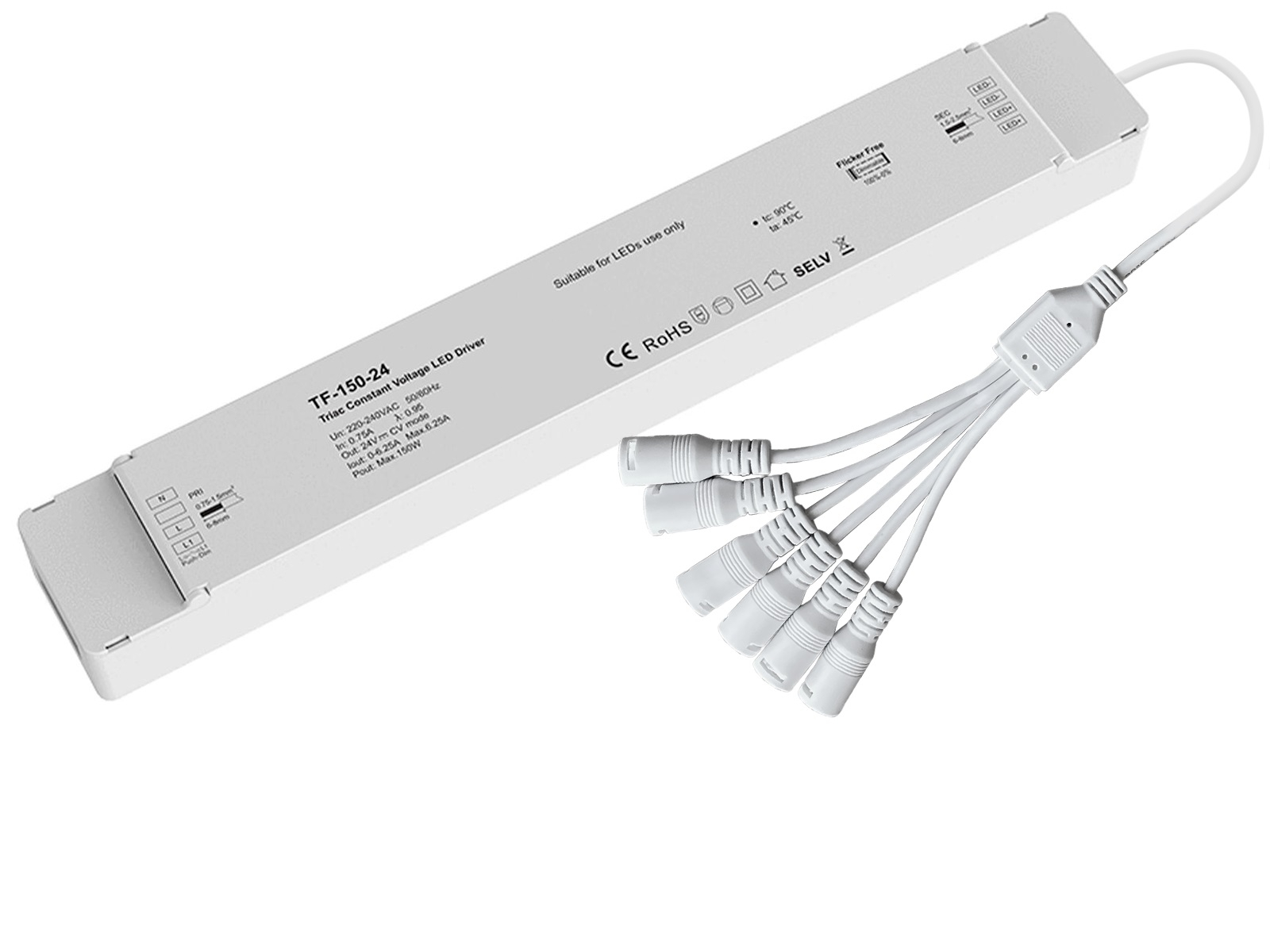 LEDexperten | Dæmpbar Triac/Push LED Driver 24V 150W Med DC HUN 6-Splitter