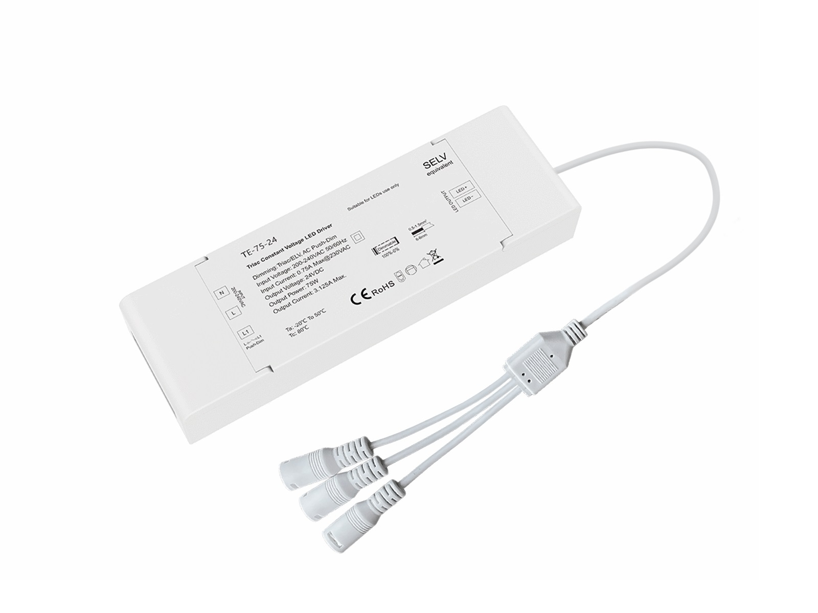 LEDexperten | Dæmpbar Triac/Push LED Driver 24V 75W Med DC HUN 3-Splitter