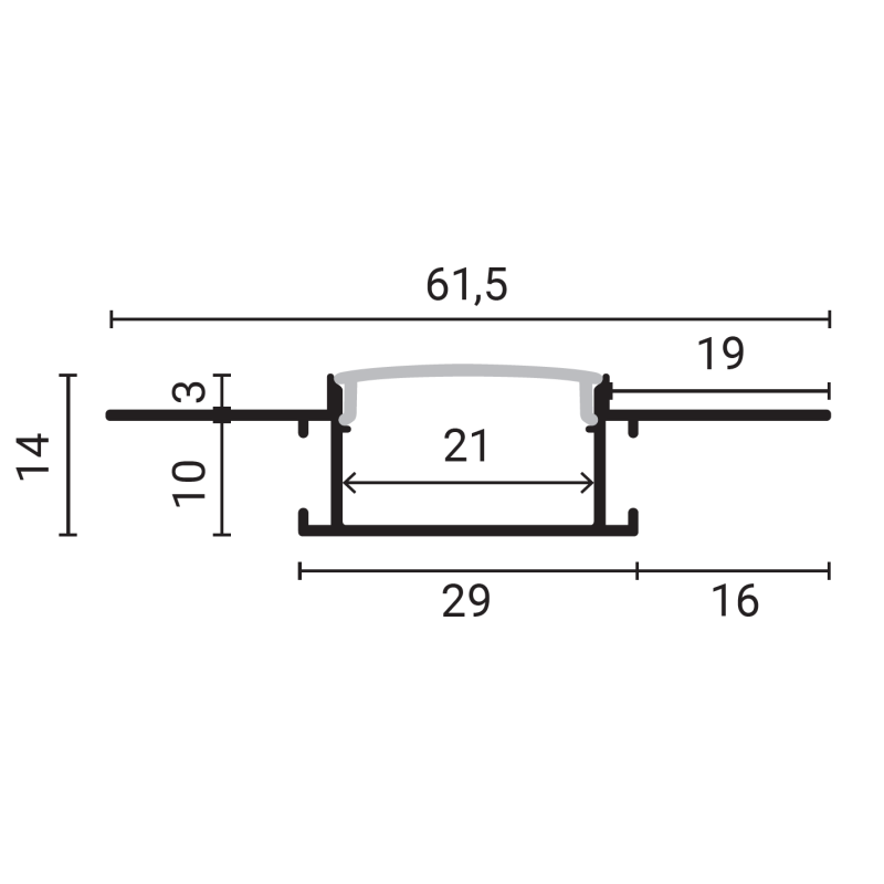 2M Alu profil Til indspartling/indfræsning 61x14 mm.