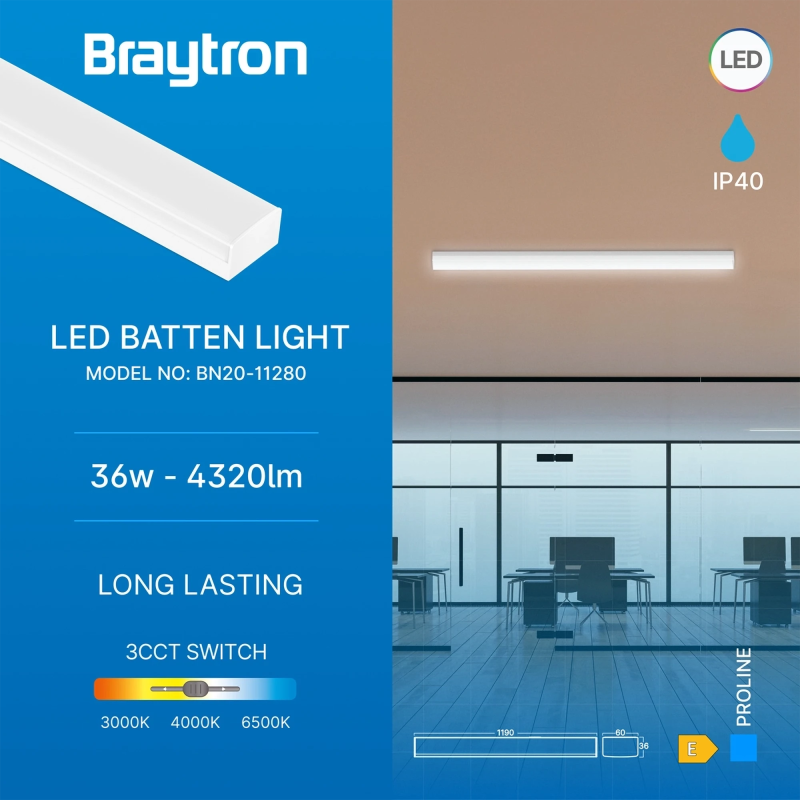 BRY Hi-Lumen LED Armatur i Hvid, 36W, CCT, IP40, 230V, 120cm
