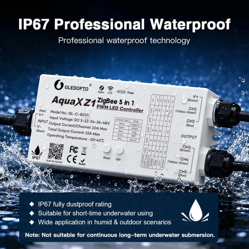 Gledopto PRO 5-i-1 ZigBee IP67 LED Controller Til 12V-24V