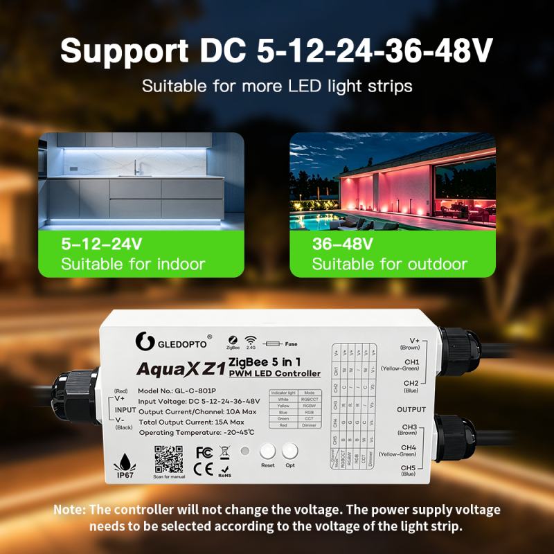 Gledopto PRO 5-i-1 ZigBee IP67 LED Controller Til 12V-24V