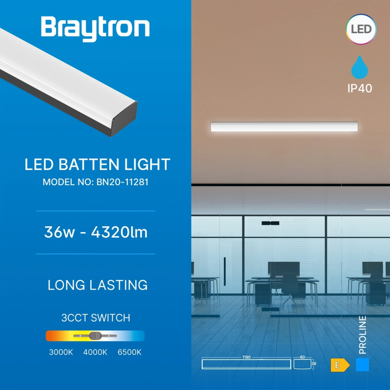 BRY Hi-Lumen LED Armatur i Sort 36W m/CCT Lys IP40 230V 120cm
