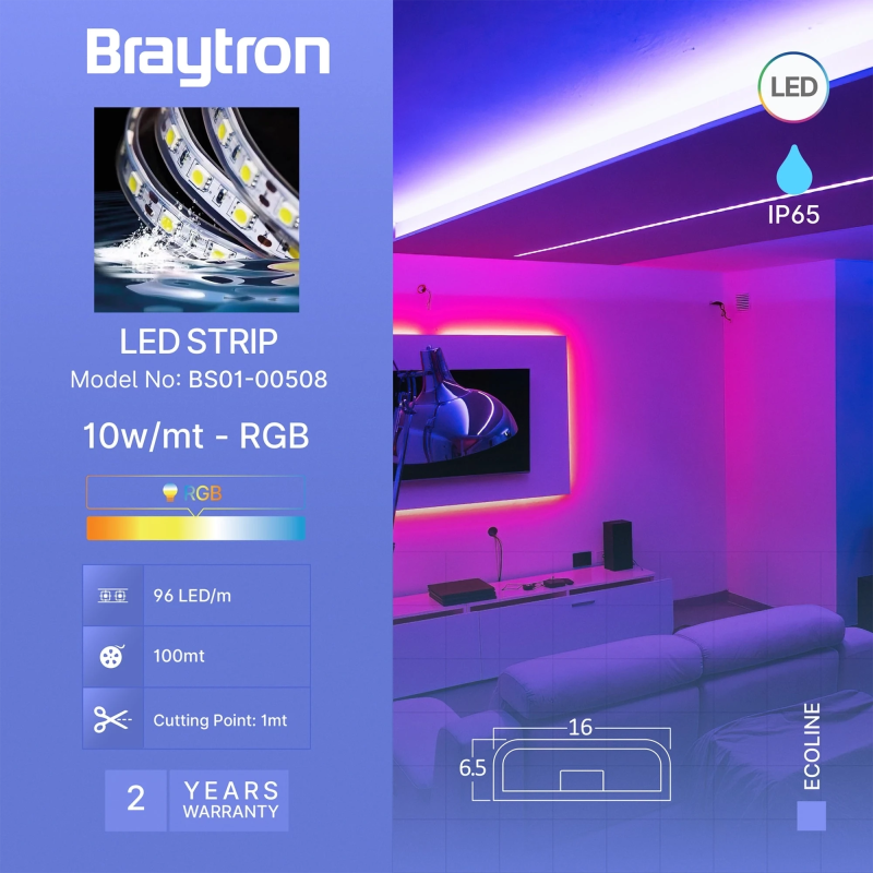 ECOLINE 230V RGB LED Strip, 10W, IP65 - Metermål
